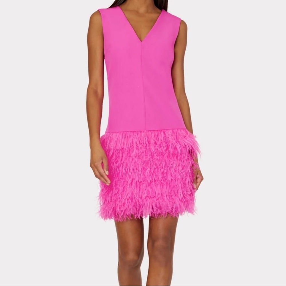 Milly Veronica Cady Ostrich Feather V-Neck Barbie Pink Mini Dress Size 0 NWOT